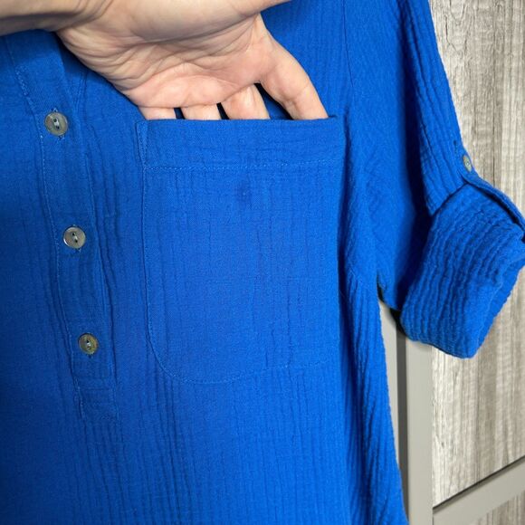 J. Jill Dress Womens Small Petite Midi Kaftan Gauze Roll Up Sleeves Pockets Blue - Picture 7 of 9